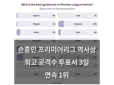 손흥민 프리미어리그 역사상 최고 공격수 투표서 3일 연속 1위